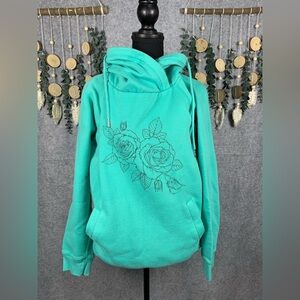 Enza Teal Floral Funnel Neck Hoodie